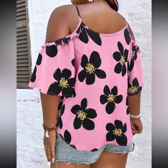Plus boho hot pink floral print cold shoulder blouse - Picture 13 of 15